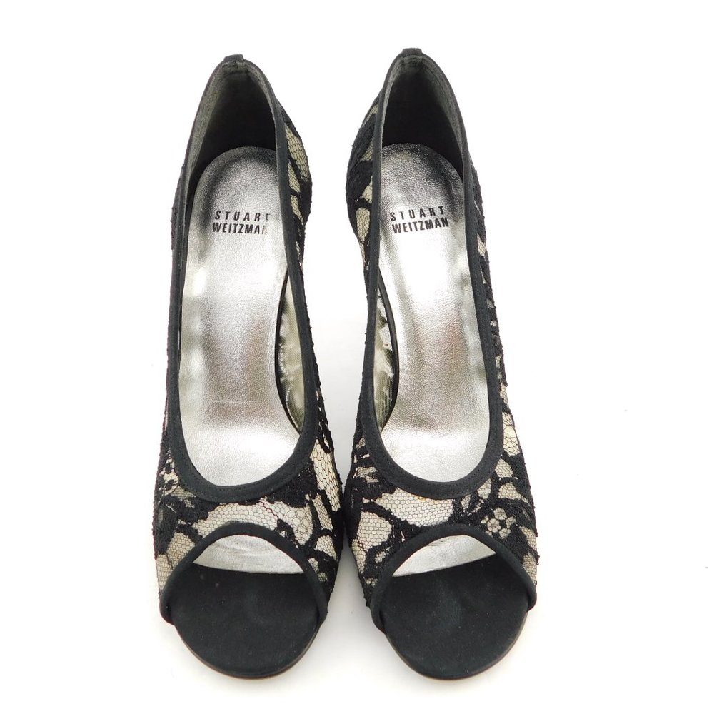 STURAT WEITZMAN Black Floral Lace Peep Toe Evening Heel Pumps 7 - Picture 3 of 8
